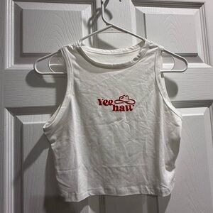 White Cropped Tank Top with Red 'Yee Haw' Graphic